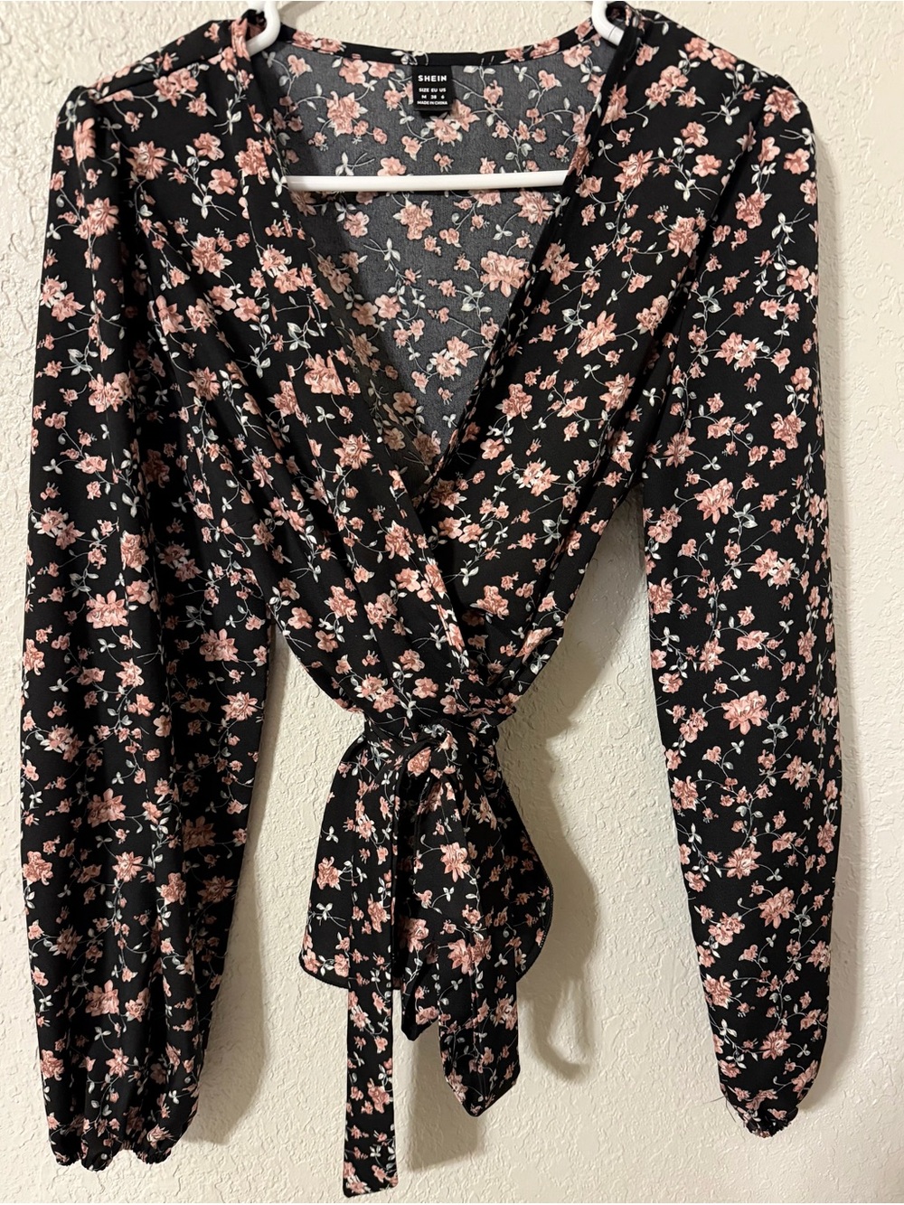Women’s blouse. Black Floral Tie-Front Long Sleeve Wrap Top - Pink Floral